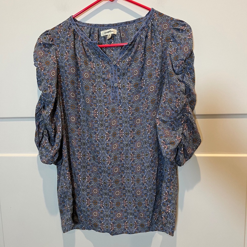 Max Studio Women's Blue Floral Print Puff Sleeve Split Neck Blouse Top Size S‎